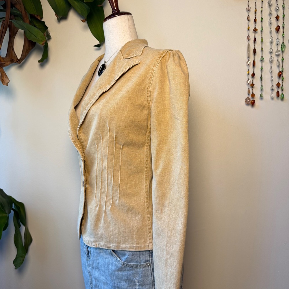 Fifi Tan Denim Pleated Waist Puff Sleeve Blazer Jacket Y2K Indie Minimalist Twee - Picture 2 of 5